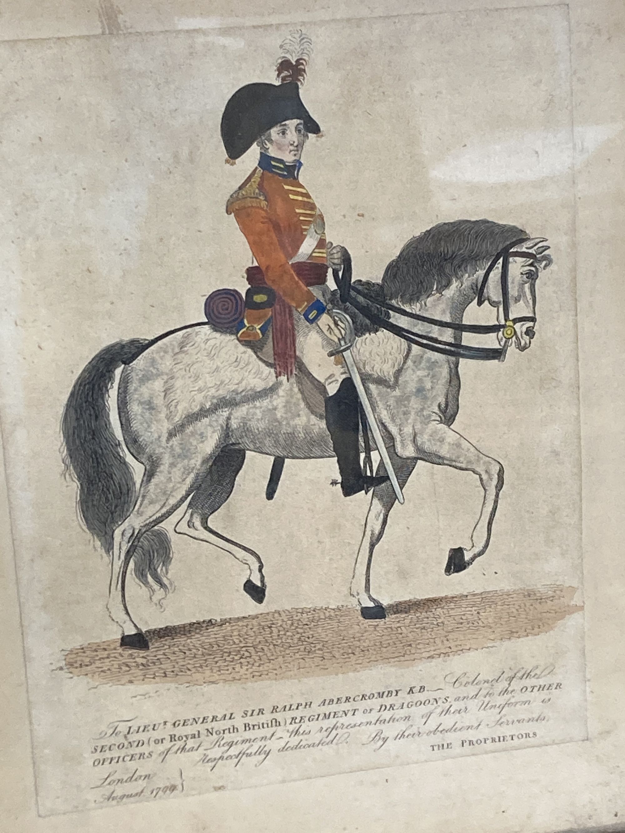 An early 19th century coloured engraving of Lieutenant General Sir Ralph Abercromby, and three other engravings